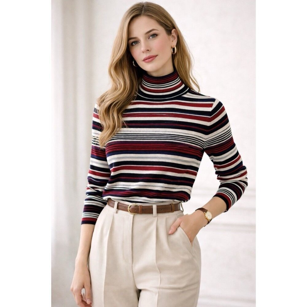 ST JOHNS BAY Vintage Turtleneck Sweater Rainbow Striped Ribbed Y2k 90s JAPN XL